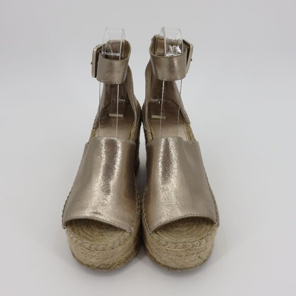 Marc Fisher ADALYN Women 7 M Metallic Gold Leather Espadrille Wedge Sandals - Picture 2 of 16